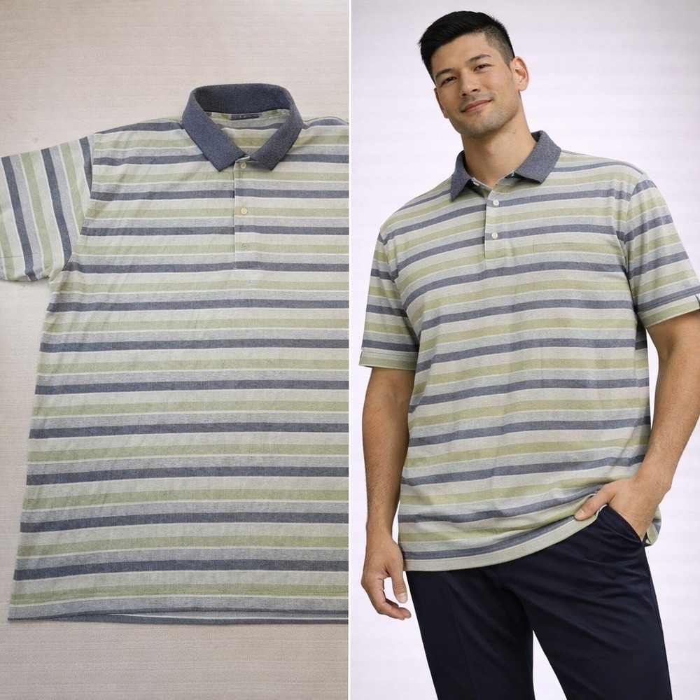 Slazenger Mens XL Polo Shirt Green Navy Blue Striped Short Sleeve 100% Cotton